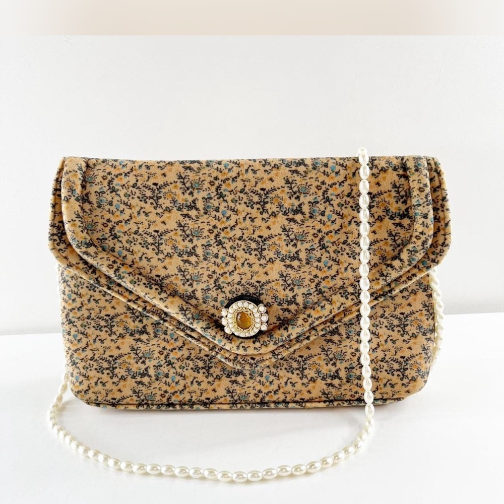 By Anthropologie Velvetprinted Crossbody / Clutch Bag Pearl Strap &Brooch Detail